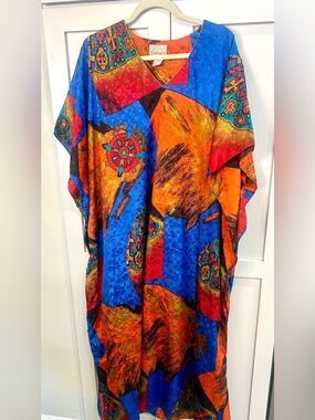 Vintage 1990 Basic Editions Multicolor Boho Kaftan free size — Blue, Orange, Red